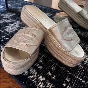 Women's Gold Canvas Platform Espadrille Slides